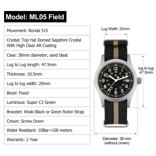 Militado ML05 Military Watch Ronda 515 Quartz Movement Domed Sapphire With High Clear AR Coating Luminous 38mm Vintage Watches - AliExpress 1511 - Image 6