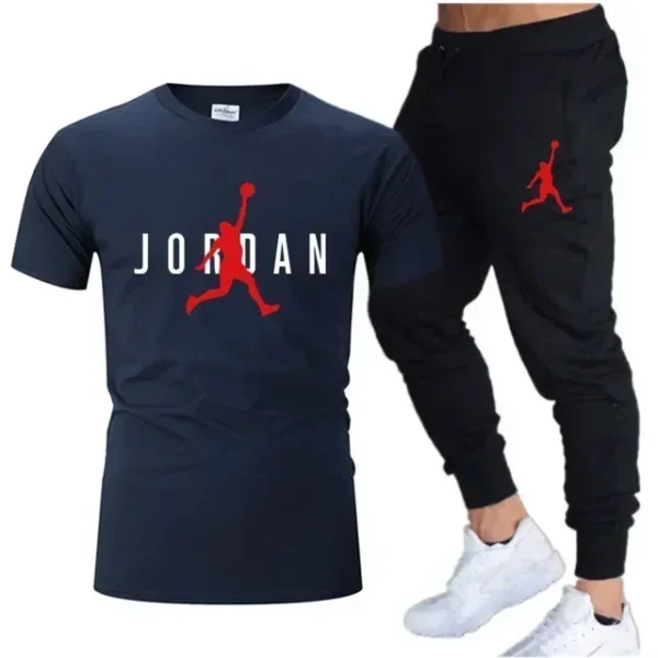 New 2025 spring/summer cotton men's leisure sports set Outdoor jogging men breathable cotton short sleeve T-shirt + pants 2 sets - Image 3