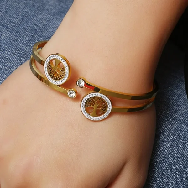 Luxury Stainless Steel Tree of Life Open Bracelet For Women Men Gold-color Cubic Zircon No Fade Color Lucky Cuff Bangle Jewelry - Image 6