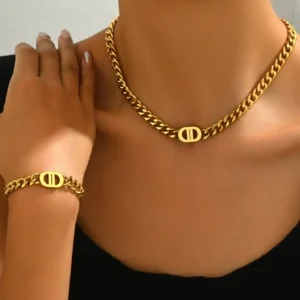 2 PCS Set Gold Color Cuban Chain Geometric Charm Necklace Bracelet Jewelry Set Hiphop Trendy Thick Chain Bracelet Choker Set