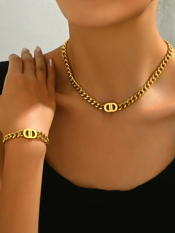 2 PCS Set Gold Color Cuban Chain Geometric Charm Necklace Bracelet Jewelry Set Hiphop Trendy Thick Chain Bracelet Choker Set