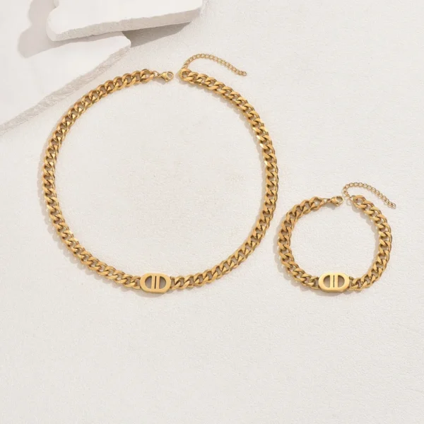 2 PCS Set Gold Color Cuban Chain Geometric Charm Necklace Bracelet Jewelry Set Hiphop Trendy Thick Chain Bracelet Choker Set - Image 4