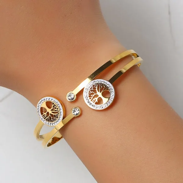 Luxury Stainless Steel Tree of Life Open Bracelet For Women Men Gold-color Cubic Zircon No Fade Color Lucky Cuff Bangle Jewelry - Image 5