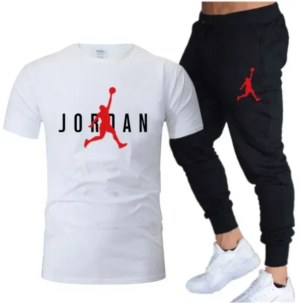 New 2025 spring/summer cotton men's leisure sports set Outdoor jogging men breathable cotton short sleeve T-shirt + pants 2 sets - Image 2