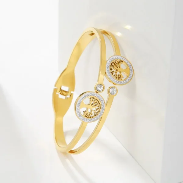 Luxury Stainless Steel Tree of Life Open Bracelet For Women Men Gold-color Cubic Zircon No Fade Color Lucky Cuff Bangle Jewelry - Image 4