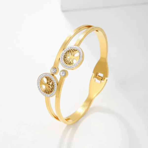 Luxury Stainless Steel Tree of Life Open Bracelet For Women Men Gold-color Cubic Zircon No Fade Color Lucky Cuff Bangle Jewelry - Image 3