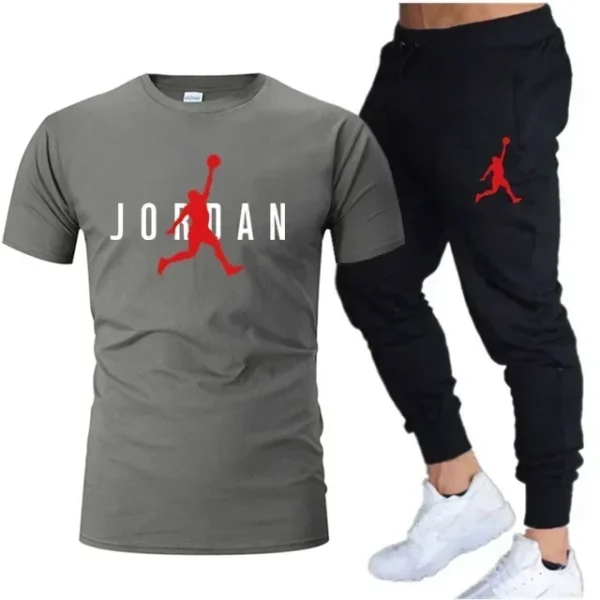 New 2025 spring/summer cotton men's leisure sports set Outdoor jogging men breathable cotton short sleeve T-shirt + pants 2 sets - Image 4