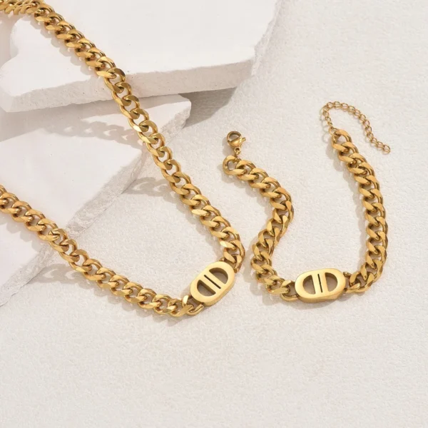 2 PCS Set Gold Color Cuban Chain Geometric Charm Necklace Bracelet Jewelry Set Hiphop Trendy Thick Chain Bracelet Choker Set - Image 3