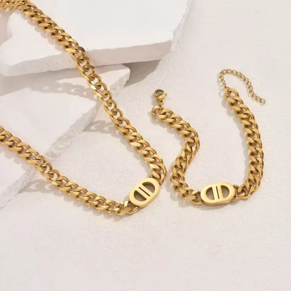 2 PCS Set Gold Color Cuban Chain Geometric Charm Necklace Bracelet Jewelry Set Hiphop Trendy Thick Chain Bracelet Choker Set - Image 5