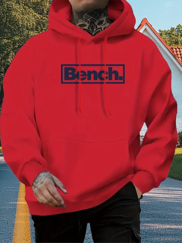 Men'S Casual Fleece-Lined Hoodie with "BENCH" Print - Black, All-Season Comfort, Regular Fit, Ideal for Outdoor Activities, Outdoor Casual Wear|Hooded Sweatshirt|Fleece Lined Hoodie
