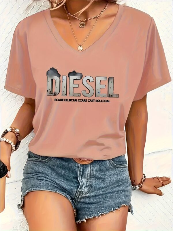 1pc Women's V-Neck Short Sleeve T-Shirt - Casual Polyester Top with DIESEL Letter Print, Black & White Graphic, Machine Washable, All-Season Versatile Wear, Relaxed Fit Tee, Vneck Style, Fabric, Everyday Tee, Graphic Print, Soft Texture, Printed Tee, Laidback Look - Image 3