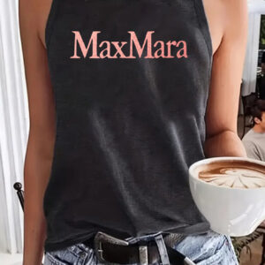 [MAXI MARA Tank Top] Soft Polyester-Spandex Blend Women's Sleeveless Tank Top | 1pc, Round Neck, Machine Washable, All-Season Casual & Athletic Wear, Bold Pink "MAXI MARA" Letter Print - Black/Dark Gray/Rose/Blue/Orange/White