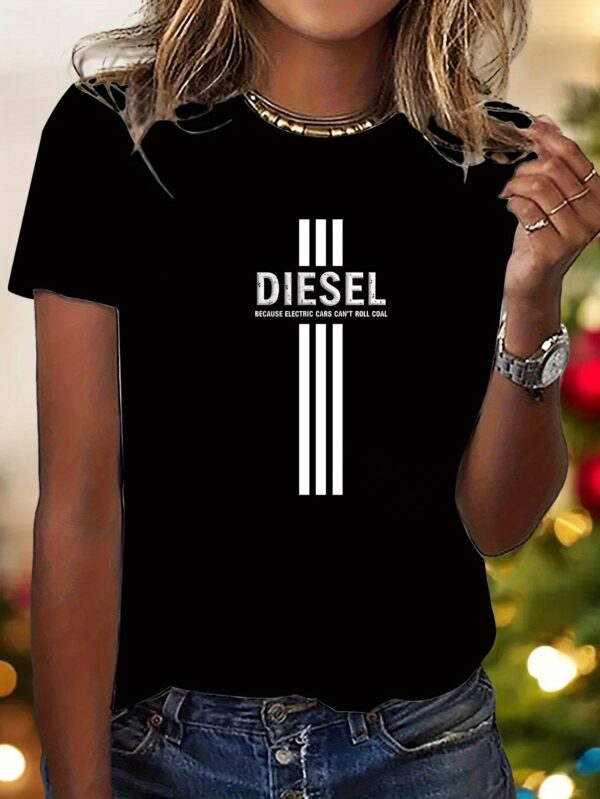 Women'S Casual Crew Neck T-Shirt with Bold "DIESEL" Letter Print - Soft Polyester Blend, Short Sleeve, Regular Fit, Sizes S-XXL, Multiple Colors Available, Allseason Top | Bold Letter Print | Comfortable - Image 4