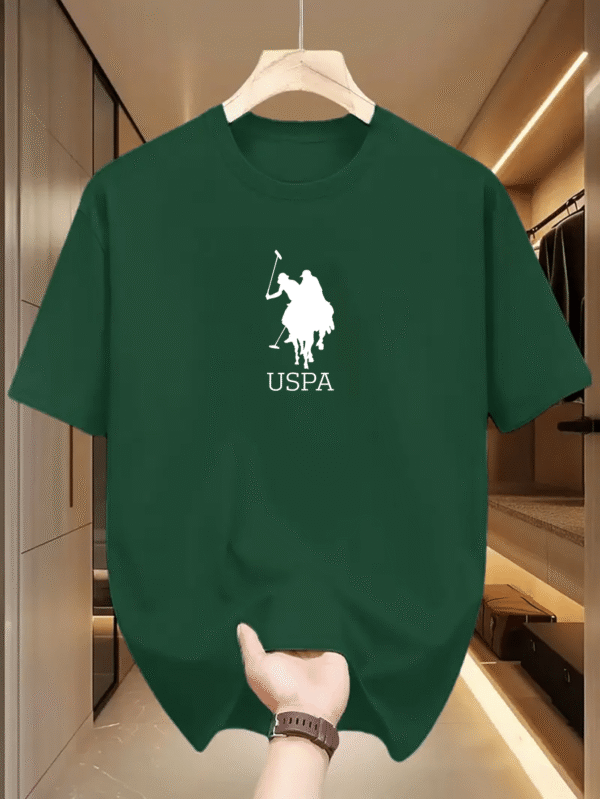 T1104 White Horse 2025 New Design Casual Short Sleeve T-Shirt - Black Geometric Pattern with USPA Logo & Equestrian Applique, Regular Fit Round Neck, High-Quality Comfortable Fabric for Adults, Everyday Clothing, Modern Casualwear, Durable Casualwear - Image 3