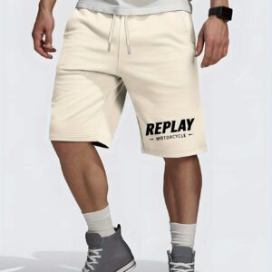 Replay Motorcycle Men's Summer Casual Shorts with Bold "REPLAY" Lettering - Elastic Waistband, Lightweight Breathable Fabric for Outdoor Sports, Beach Vacations & American Streetwear Style, Motorcycle Gear, Sporty Design