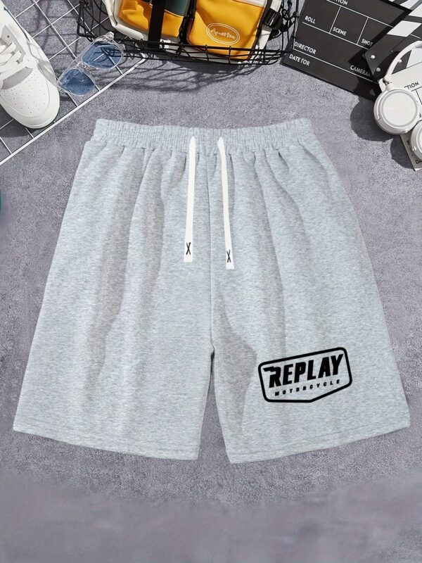 Men's Summer Casual Shorts with "REPLAY" Graphic Print, Elastic Waistband & Side Pockets - Black, Machine Washable, Regular Fit, Summer Shorts, Adjustable Drawstring Closure - Image 3
