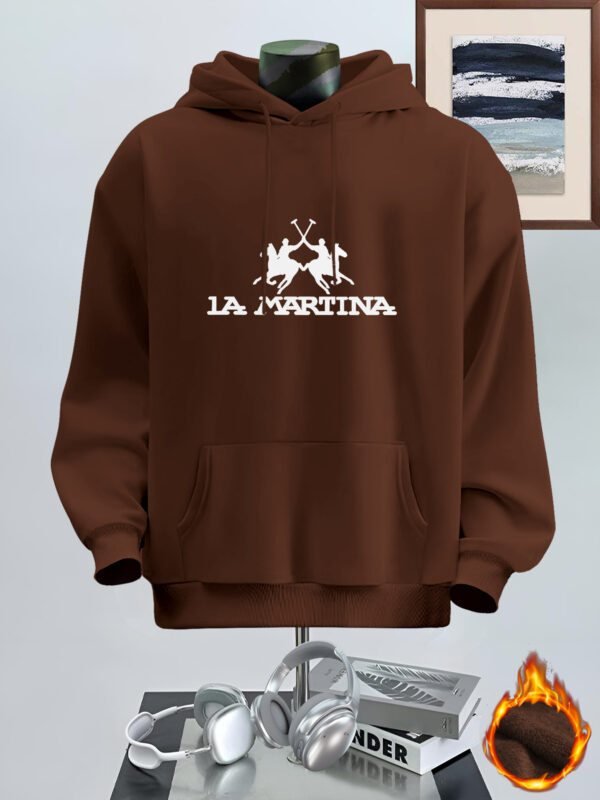 Men's Casual Streetwear Hoodie with LA MARRINA Graphic Print, Kangaroo Pocket & 100% Polyester - Beige Autumn/Winter Pullover, Machine Washable Regular Fit - Image 5