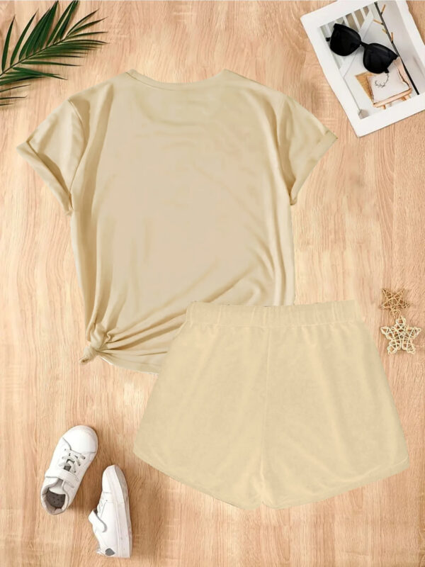 2pcs Fresh Pattern Letter MAX MARA Print Women's Summer Casual Polyester Spandex Sports Short Sleeve Black Apricot Shorts Set - Image 3