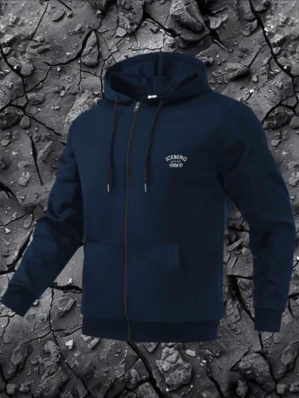 Men'S Navy Blue "ICEBERG MILANO ITALIA since" Hooded Sweatshirt - Casual Style with Zipper Closure, Polyester Lining, Pockets, Casual Wear|Hooded Jacket|Zippered Jacket - Image 7