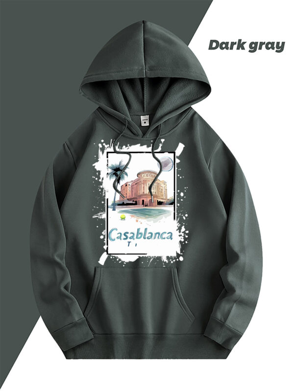Casablanca Graphic Print Fleece-Lined Hooded Sweatshirt - Light Blue with Front Pocket & Adjustable Drawstring, Cozy Casual Pullover for Casual Attire, Machine Washable, Mother’s Day Gift, Cute Sweatshirts, Aerodynamic Clothing - Image 4