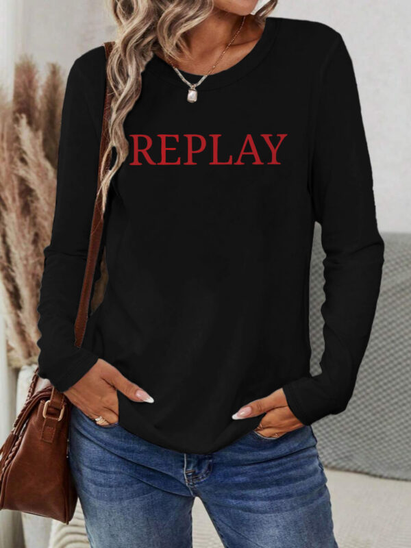 Women's Vibrant Red REPLAY Graphic Long Sleeve T-Shirt - Casual Round Neck Geometric Print Top, Machine Washable Spring/Summer Vacation Wear - Image 8
