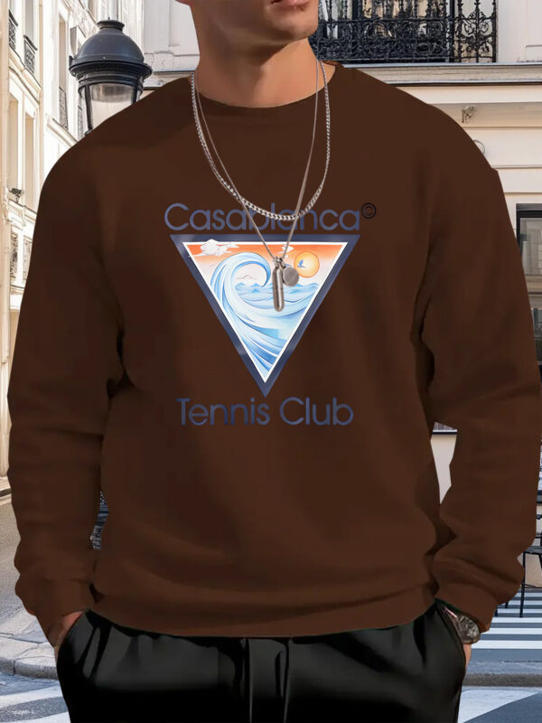 Men'S Casual Crew Neck Sweatshirt with "Tennis Club" Graphic Print - Comfortable Polyester, Loose Fit for Tennis Enthusiasts, Tennis Apparel | Club Logo Design | Comfortable Fi