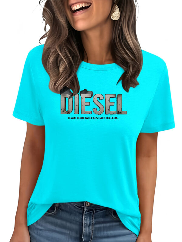 Women'S Elegant Crew Neck Polyester T-Shirt - Bright Yellow with Blue Diesel Graphic, Short Sleeve, Spring/Summer Casual Top for Diesel Enthusiasts, Casual Summer Top | Slogan Graphic Tee | Glossy Textur - Image 3