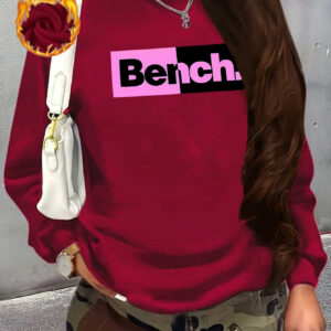 Women's Casual Thick Fleece-Lined Crewneck Sweatshirt - Bold "BENCH" Letter Print with Pink & Black Contrast, Red Base, All-Season Comfort, Machine Washable, Ladies Sweatshirts, Everyday Comfort, Trendy Sweatshirt, Ribbed Cuffs, Cozy Clothing, Stylish Casualwear, Soft Fleece Lining, Pullover Top, Fashion Lovers