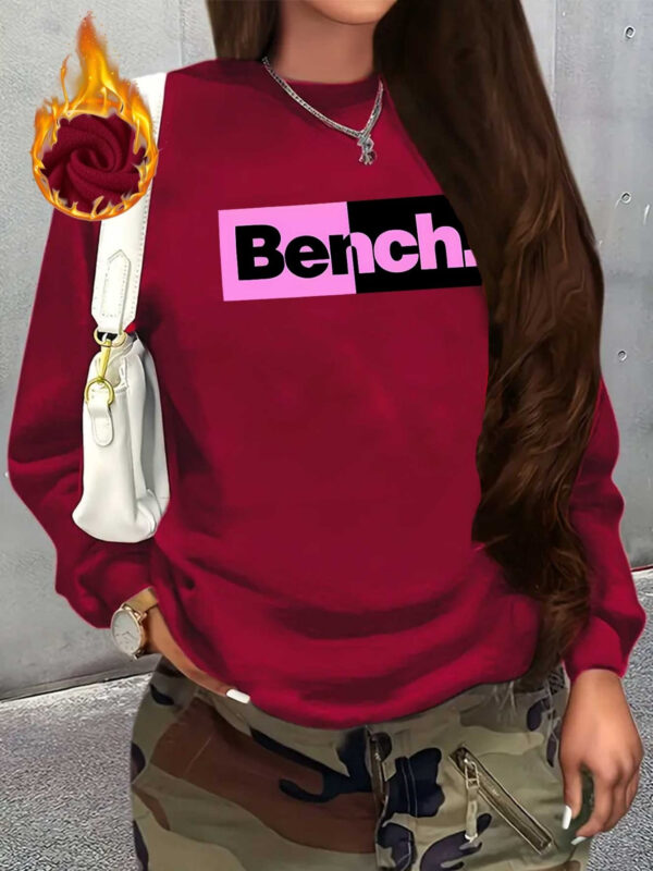 Women's Casual Thick Fleece-Lined Crewneck Sweatshirt - Bold "BENCH" Letter Print with Pink & Black Contrast, Red Base, All-Season Comfort, Machine Washable, Ladies Sweatshirts, Everyday Comfort, Trendy Sweatshirt, Ribbed Cuffs, Cozy Clothing, Stylish Casualwear, Soft Fleece Lining, Pullover Top, Fashion Lovers