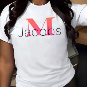 M Jacobs Women's Casual Short Sleeve T-Shirt - Bold Pink 'M' Letter Print on White, Breathable Round Neck Summer Top, Machine Washable Regular Fit Tee for Casual Attire