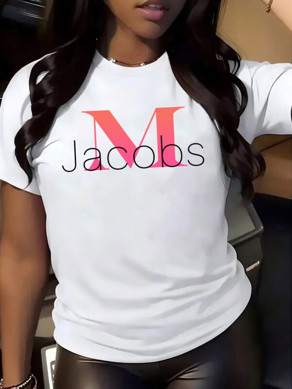 M Jacobs Women's Casual Short Sleeve T-Shirt - Bold Pink 'M' Letter Print on White, Breathable Round Neck Summer Top, Machine Washable Regular Fit Tee for Casual Attire