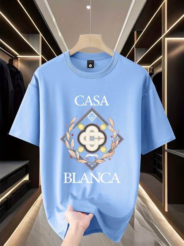 Men'S Trendy "Casa Blanca" Graphic T-Shirt - 100% Polyester Knit, Casual Crew Neck, Loose Fit, Summer Tee with Embossed Logo and Laurel Wreath Design, Casual Attire | Logo Print Tee | Polyester Fabri - Image 10