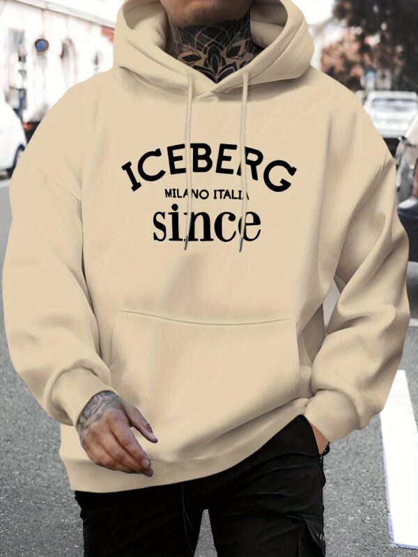 Men's Casual Hoodie with ICEBERG Letter Print - Stretch Fabric Kangaroo Pocket Pullover, Regular Fit Long Sleeve Sweatshirt for Autumn Winter, Versatile Casual Attire, Hooded Neckline, Comfortable Texture - Image 3