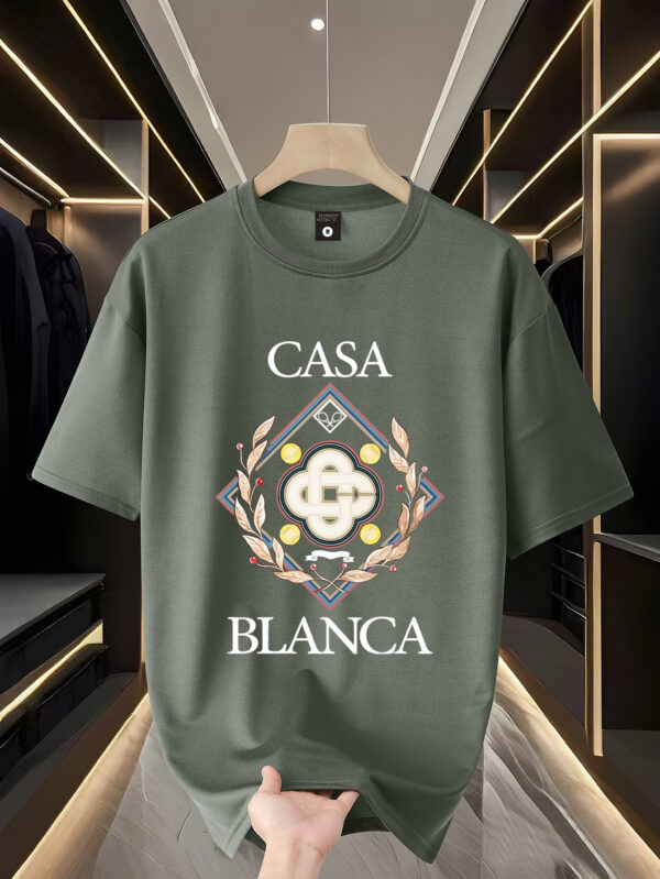 Men'S Trendy "Casa Blanca" Graphic T-Shirt - 100% Polyester Knit, Casual Crew Neck, Loose Fit, Summer Tee with Embossed Logo and Laurel Wreath Design, Casual Attire | Logo Print Tee | Polyester Fabri - Image 2
