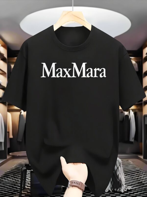Men's Casual Summer Graphic T-Shirt - Navy Blue Round Neck Short Sleeve Tee with "MAX MARA" Print, Machine Washable, Versatile Fashion Top for Casual Attire, Casual Summer Wear | Trendy Casualwear | Durable Casual Shirt