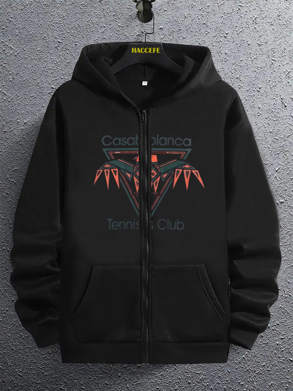 Men'S Casual Long-Sleeve Hoodie with Kangaroo Pocket - "Casablanca Tennis Club" Print, Light Gray, All-Season Comfort, Casual Wear Hoodie | Graphic Hoodie | Zippered Hoodie - Image 2