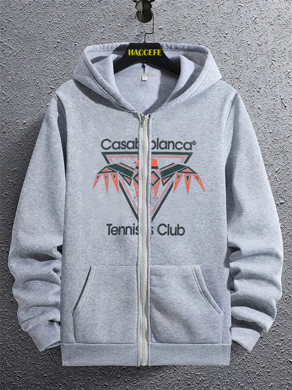 Men'S Casual Long-Sleeve Hoodie with Kangaroo Pocket - "Casablanca Tennis Club" Print, Light Gray, All-Season Comfort, Casual Wear Hoodie | Graphic Hoodie | Zippered Hoodie