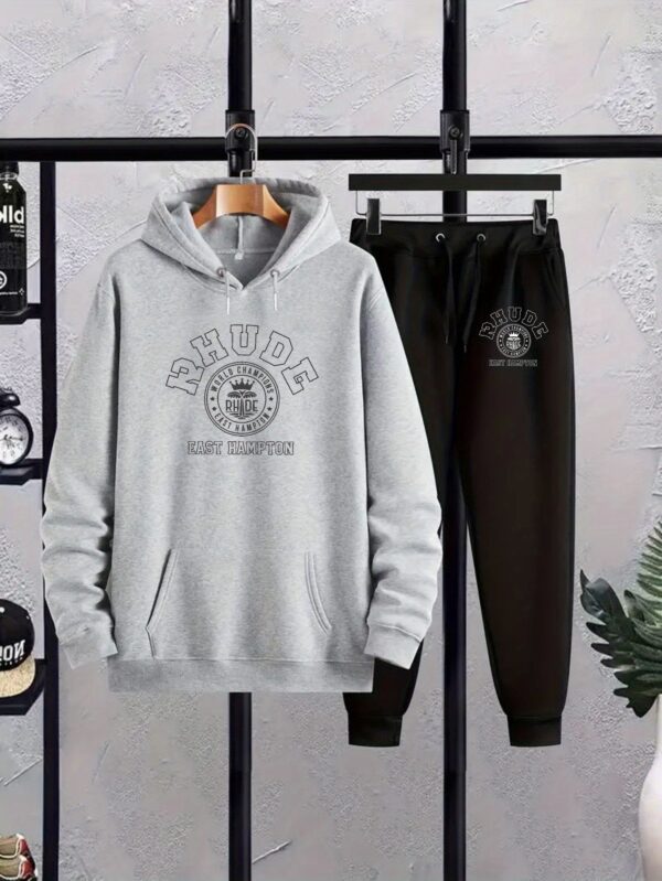 Fashion RHUDE Men's large size autumn and winter hooded sweatshirt set New Men's trendy printed drawstring hoodie Casual sports top set - Image 5