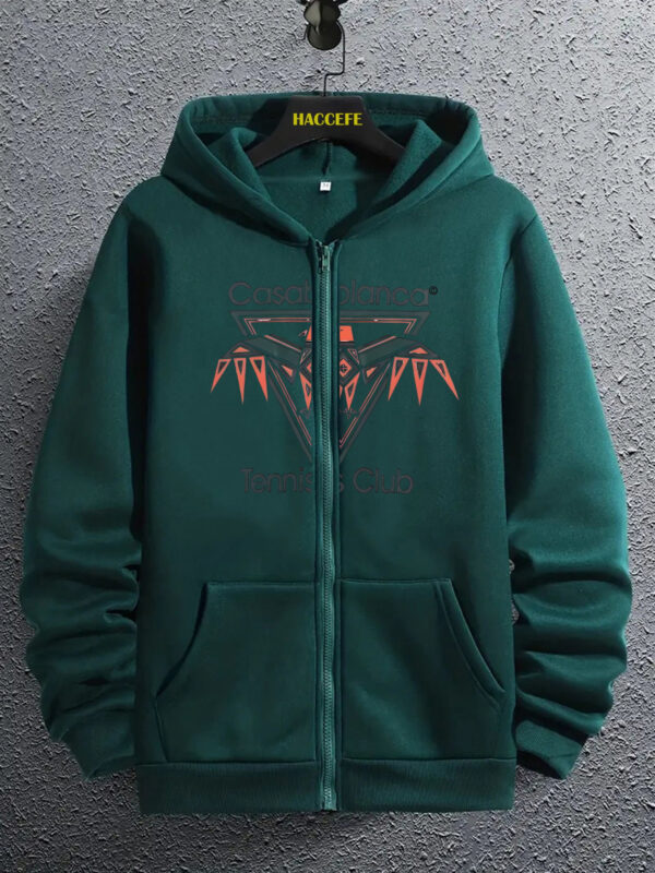 Men'S Casual Long-Sleeve Hoodie with Kangaroo Pocket - "Casablanca Tennis Club" Print, Light Gray, All-Season Comfort, Casual Wear Hoodie | Graphic Hoodie | Zippered Hoodie - Image 3