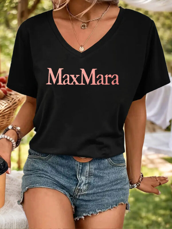 1pc MaxMara Printed Women'S Casual V-Neck T-Shirt - Soft Beige, Short Sleeve, Polyester Blend, Comfort Fit, Allseason Top, Casual Wear | Minimalist Style | Comfortable Fit Top - Image 5