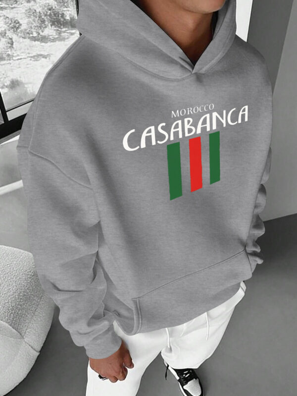 Men'S Casual Hoodie - "CASABLANCA MOROCCO" Print with Striking Green and Red Stripes, Long Sleeve, Loose Fit, Front Pocket, Perfect for Fall/Winter Outdoor Activities, Hiking Clothes - Image 3