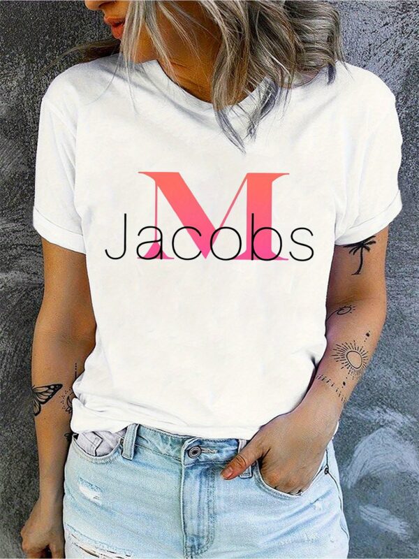 Women's Casual Short Sleeve T-Shirt - M JACOBS Graphic Print, Breathable Quick-Dry Fabric, Relaxed Fit Round Neck, Machine Washable, Spring Summer Vacation Style, Cute T Shirts, Everyday Comfort, Relaxed Fit Top, Medium Stretch Shirt - Image 3