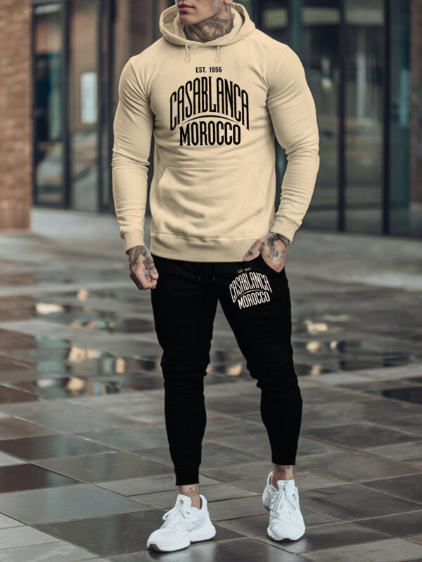 Men'S Casablanca Morocco Hooded Sweatshirt Suit - Trendy Autumn & Winter Printed Casual Sports Top with Drawstring Pants, White & Black Design, Polyester Blend, Perfect for Casual Attire, Casual Sports Attire|Casual Hooded Top|Comfortable Fit, Sweatshir - Image 3