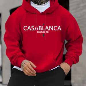 Men'S Red Casablanca Graphic Hoodie - Moroccan-Inspired Long Sleeve Sweatshirt with Pockets, Casual Outdoor Active Wear, Long Sleeve Hoodi