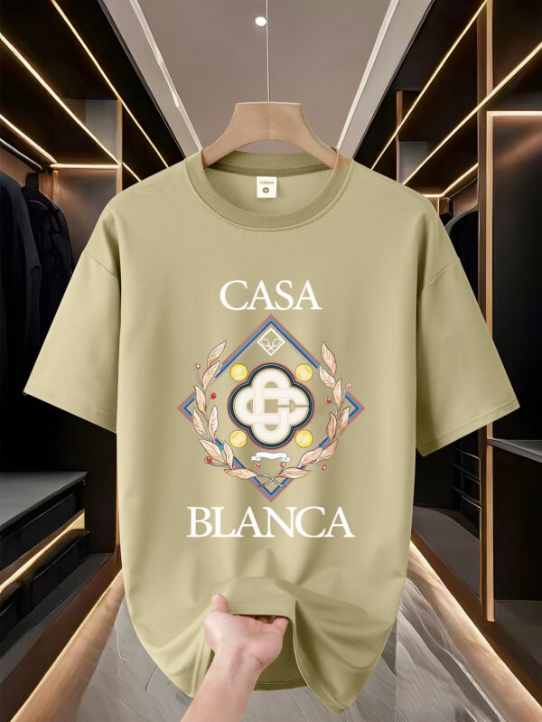 Men'S Trendy "Casa Blanca" Graphic T-Shirt - 100% Polyester Knit, Casual Crew Neck, Loose Fit, Summer Tee with Embossed Logo and Laurel Wreath Design, Casual Attire | Logo Print Tee | Polyester Fabri - Image 6