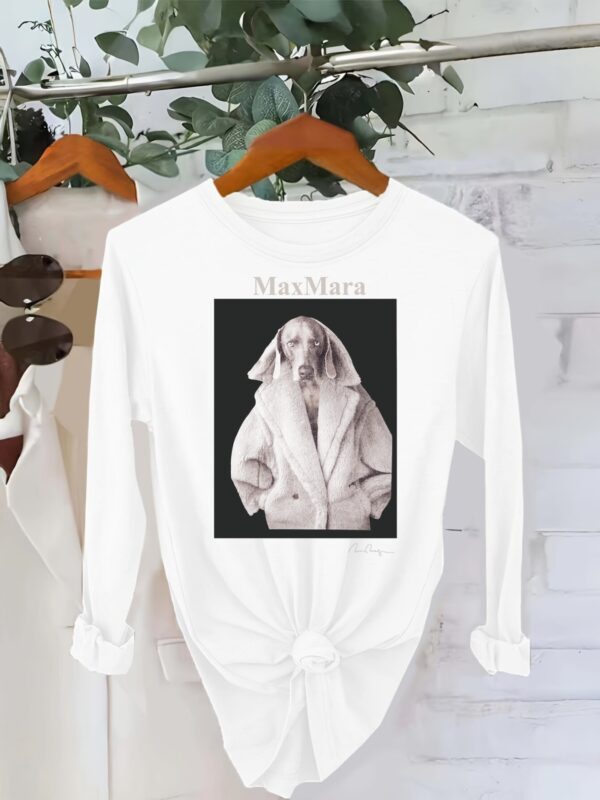 Women'S Max Mara Vintage Print Long Sleeve Crew Neck Top - Casual Comfort Fit, Classic Design with Dog in Coat Illustration, Soft Polyester Fabric, Perfect for Casual Attire - Image 2