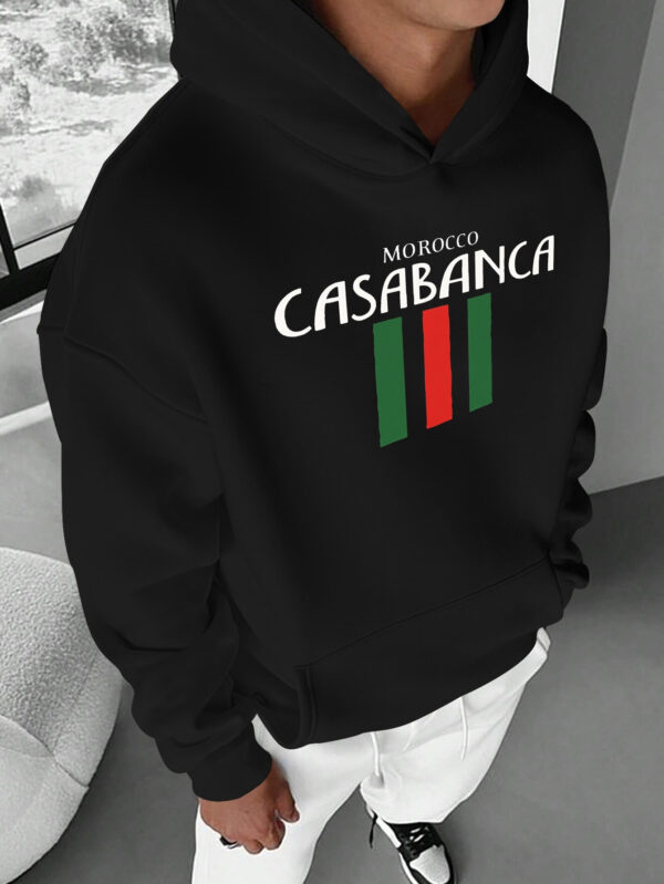 Men'S Casual Hoodie - "CASABLANCA MOROCCO" Print with Striking Green and Red Stripes, Long Sleeve, Loose Fit, Front Pocket, Perfect for Fall/Winter Outdoor Activities, Hiking Clothes - Image 2