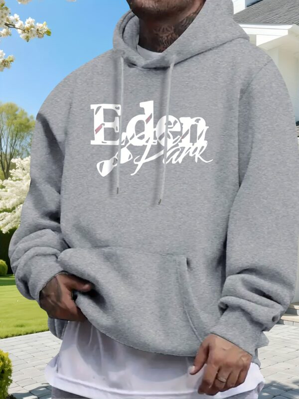 Men'S Casual Hooded Sweatshirt with Front Fleece Lining - "Eden" Print, Gray, Long Sleeve, All-Season Comfort, Regular Fit for Ages 18-40, Comfortable Clothing | Casual Style | Polyester Blend