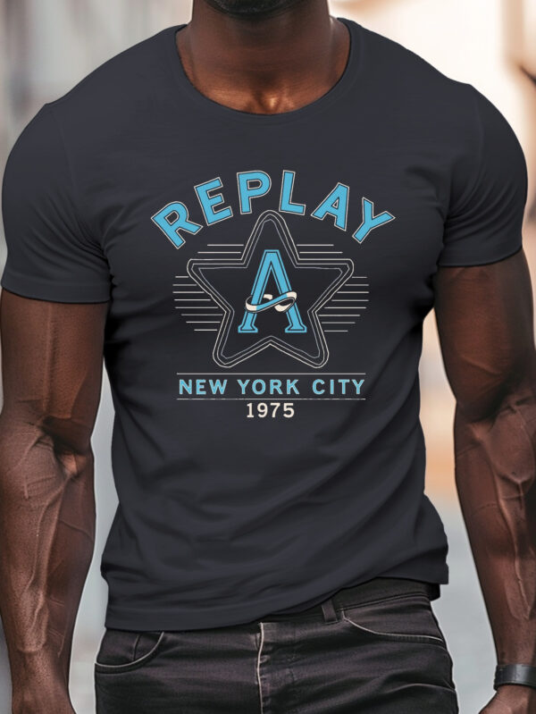 REPLAY NEW YORK CITY 1975 Graphic Men's Round Crew Neck Short Sleeve T-Shirt - Lightweight Summer Casual Tee with Geometric Print, Machine Washable, Regular Fit, Casual Outings Apparel | Citythemed Shirt | Durable Casualwear - Image 2