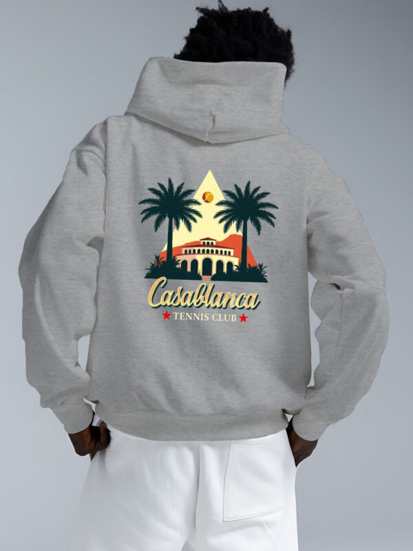 Casablanca Tennis Club Men's Graphic Print Hoodie - Black Relaxed Fit Sleeve Pullover with Palm Trees & Sunset Design, Machine Washable Autumn Winter Casual Outdoor Wear, Leisure Apparel | Nonstretch Fabric - Image 2
